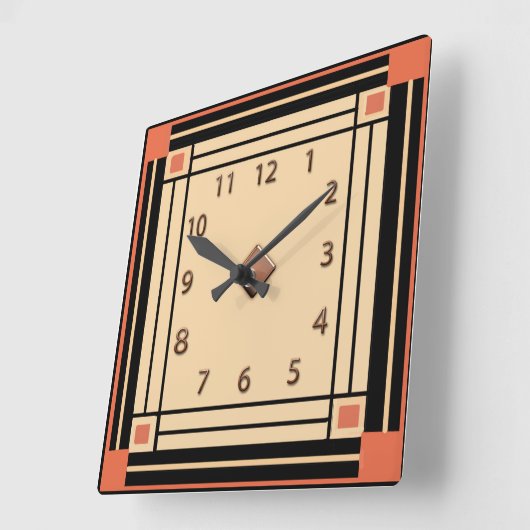 Neuer Art-Deco-Stil (Orange, Schwarz und Creme) Quadratische Wanduhr (Winkel)