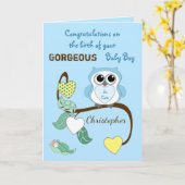 Neuer Baby Boy blau mit einer niedlichen Eule Karte (Gelbe Blume)