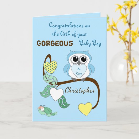 Neuer Baby Boy blau mit einer niedlichen Eule Karte (Gelbe Blume)