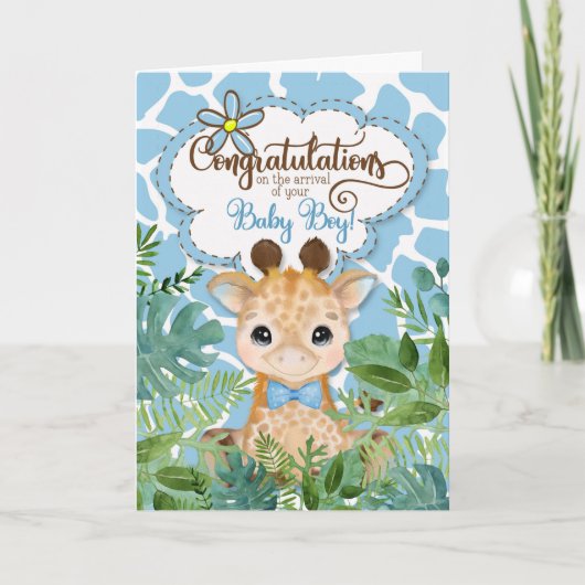 Neuer Baby Boy Blue Giraffe Jungle Herzlichen Glüc Karte (Vorderseite)