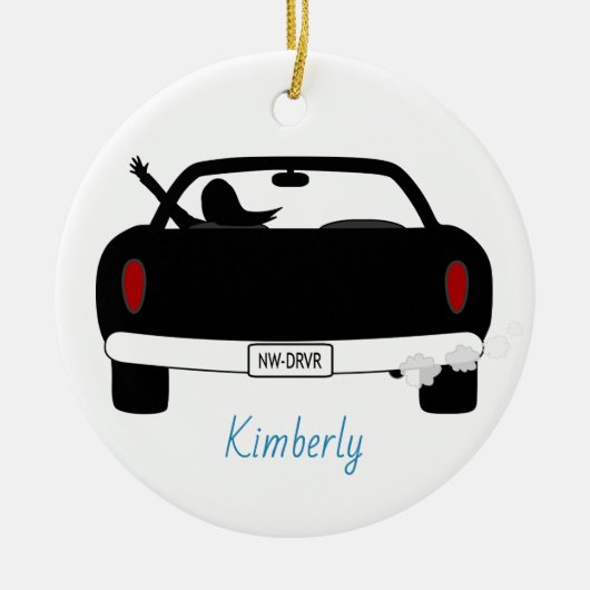 Neuer Fahrer-weibliches blaues personalisiertes Keramikornament (Vorne)