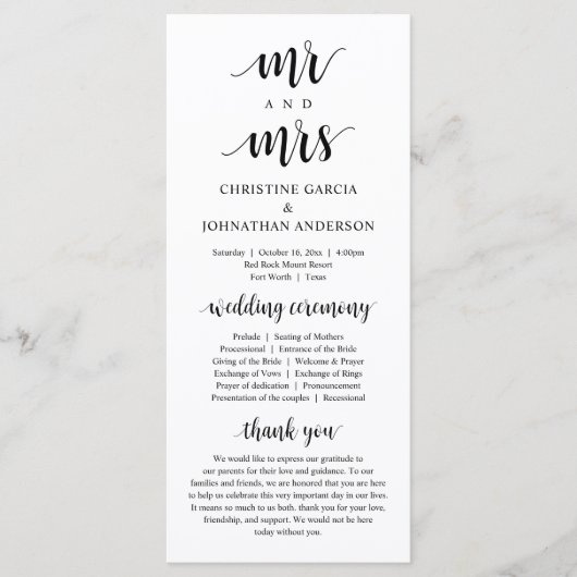 Neuer Herr und Frau, Moderne Hochzeitsfeier Programm (Vorderseite)