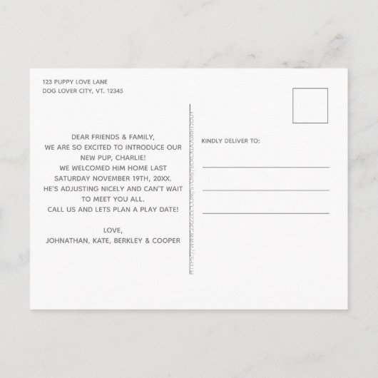 Neuer Hund für Puppy-Foto Ankündigungspostkarte (Rückseite)