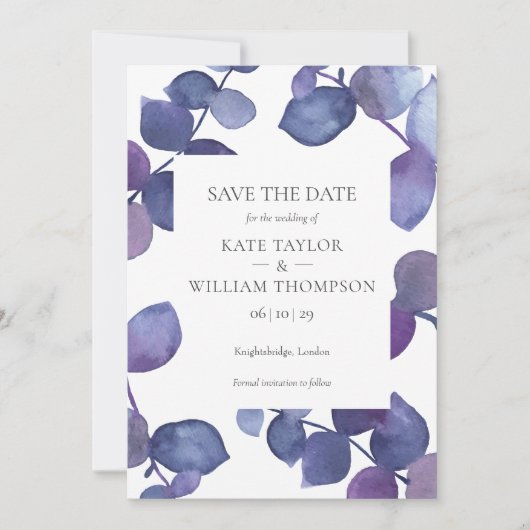 Neuer Lila Eukalyptus Save The Date (Vorderseite)