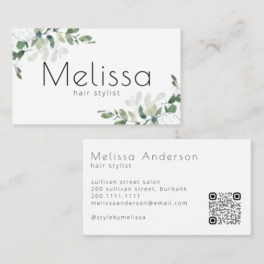 Neuer Minimalistischer QR-Code Eucalyptus Visitenkarte (Vorne/Hinten)