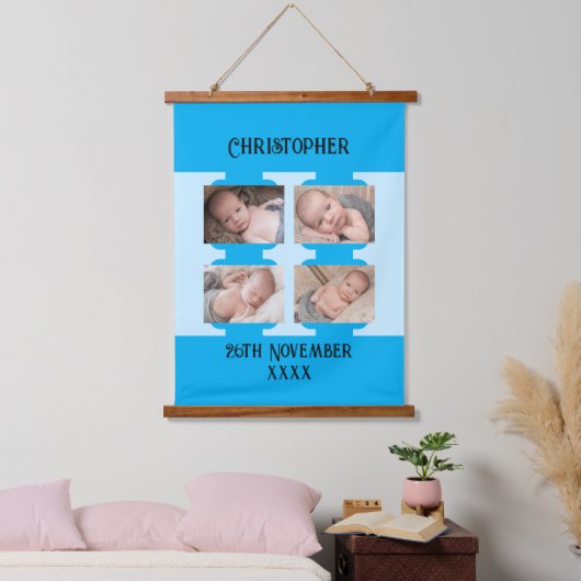 Neuer Name 4 Fotos Geburtsdatum blau Wandteppich Mit Holzrahmen (Schlafzimmer)