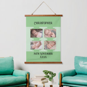 Neuer Name 4 Fotos Geburtsdatum Grün Wandteppich Mit Holzrahmen