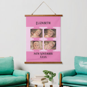 Neuer Name des Babys 4 Fotos Geburtsdatum pink Wandteppich Mit Holzrahmen