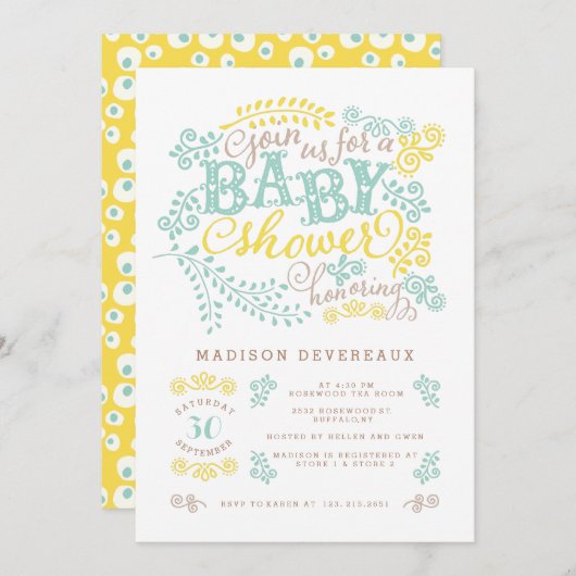 Neuer Niedlicher Babydusche für Gelbminze Einladung (Vorne/Hinten)