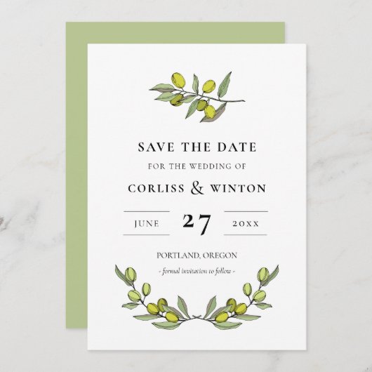 Neuer Olivenzweig Save the Date Einladung (Vorne/Hinten)