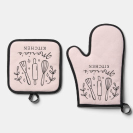 Neuer Personalisierter Name Rosa Schwarzer Text Ofenhandschuh & Topflappen-Set