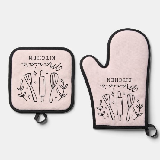 Neuer Personalisierter Name Rosa Schwarzer Text Ofenhandschuh & Topflappen-Set (Vorderseite)