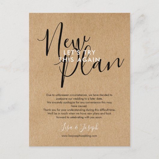 Neuer Plan Ändern des Datums Foto Hochzeit stornie Ankündigungspostkarte (Vorderseite)