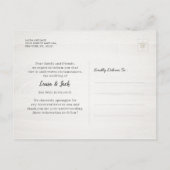 Neuer Plan für Hochzeitaufschiebung Veränderung de Ankündigungspostkarte (Rückseite)