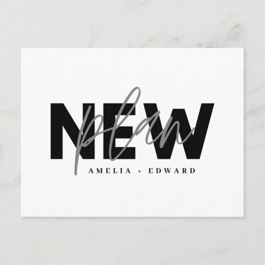 Neuer Plan moderne Typografie Hochzeit ändern das Ankündigungspostkarte (Vorderseite)