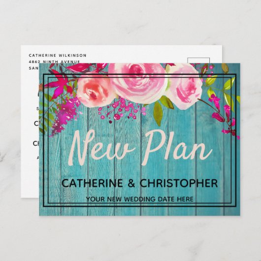 Neuer Plan Rustic Blue Wood Floral Hochzeit versch Postkarte (Vorne/Hinten)