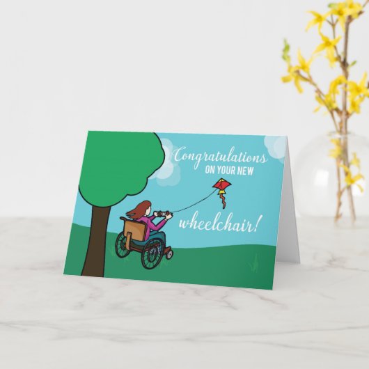 Neuer Rollstuhl Glückwunsch, Mädchen, Drachen Karte (Gelbe Blume)