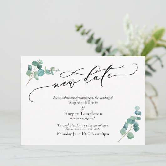 Neuer Termin Eukalyptus Aufgehobene Hochzeitsankün Einladung (Stehend Vorderseite)