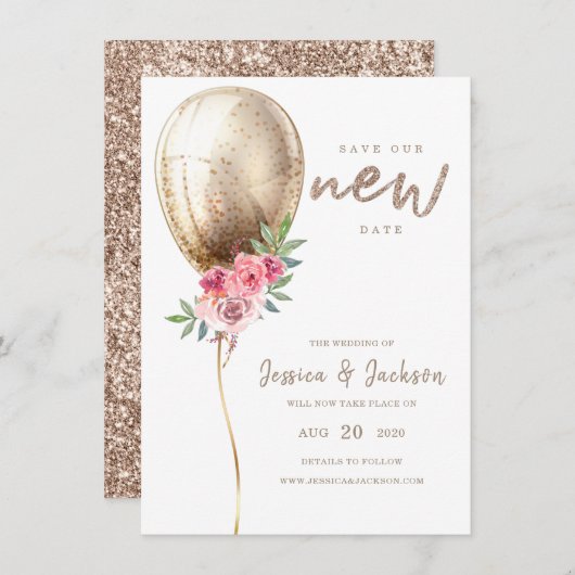 Neuer Termin Hochzeitaufenthalt Beige Ballon Save The Date (Vorne/Hinten)