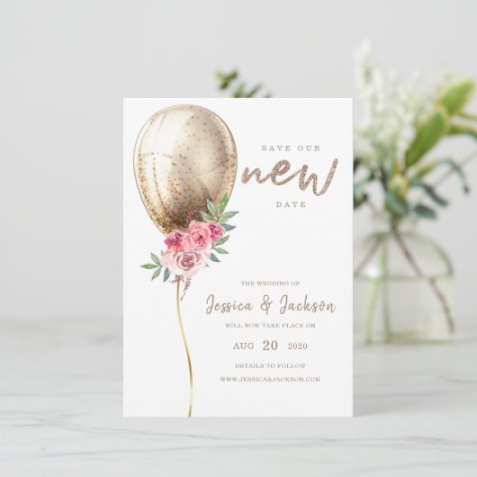 Neuer Termin Hochzeitaufenthalt Beige Ballon Save The Date (Stehend Vorderseite)