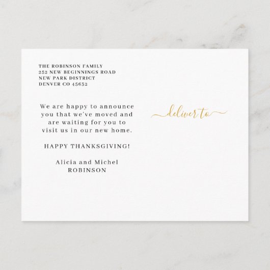 Neuer Zuhause-Erntedank-Adresswechsel Ankündigungspostkarte (Rückseite)