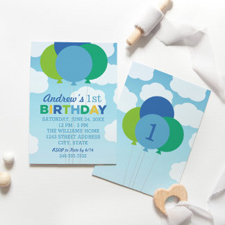 Neuere Blaue und grüne Balloons Geburtstagsparty Einladung