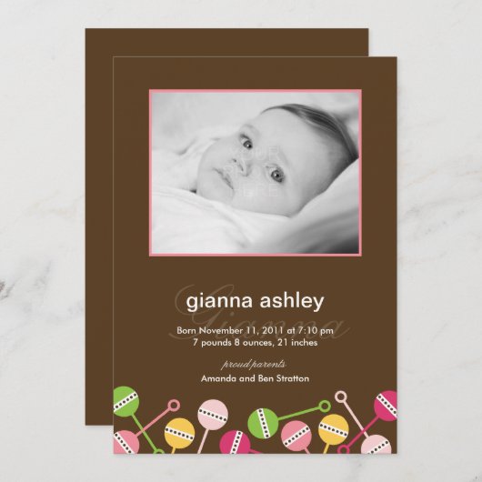 Neuere Rattles Baby Girl Geburtserklärung Ankündigung (Vorne/Hinten)