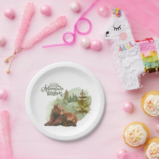 Neues Abenteuer beginnt Typografie Rustikale Bären Pappteller (Party)