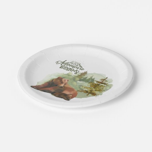 Neues Abenteuer beginnt Typografie Rustikale Bären Pappteller (Schrägansicht)