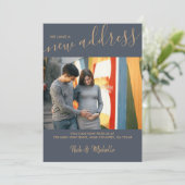 Neues Address-Foto und elegantes Script Blue Movin Ankündigung (Stehend Vorderseite)