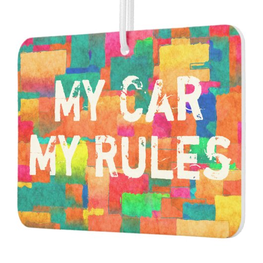 Neues Autogeschenk. Farbiges Muster mit Botschaft Autolufterfrischer (Links)