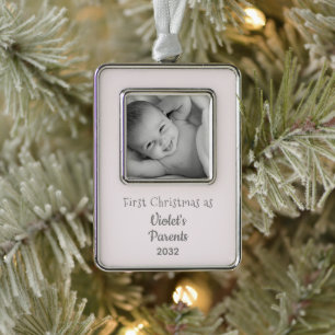 Neues Baby 1. Weihnachten als Eltern Name Jahr Fot Rahmen-Ornament Silber