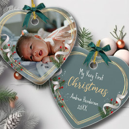 Neues Baby 1. Weihnachts Holly & Pine Gold Frame F Keramik Ornament