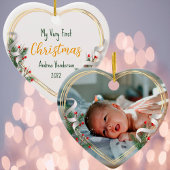Neues Baby 1. Weihnachts Holly & Pine Gold Frame F Keramik Ornament
