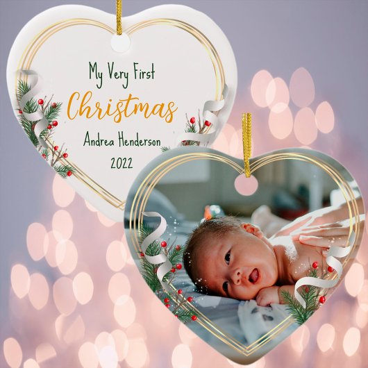 Neues Baby 1. Weihnachts Holly & Pine Gold Frame F Keramik Ornament