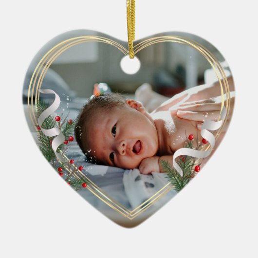 Neues Baby 1. Weihnachts Holly & Pine Gold Frame F Keramik Ornament (Vorne)