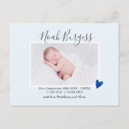 Neues Baby Blue Heart Birth Ankündigung Foto Postkarte