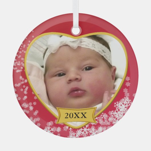 Neues Baby Foto Keepake Snowy Red Ornament Aus Glas (Vorderseite)