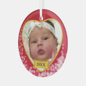 Neues Baby Foto Keepake Snowy Red Ornament Aus Glas (Vorderseite links)