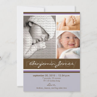 Neues Baby Foto Trio Birth Ankündigung (lila)
