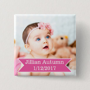 Neues Baby-Foto und rosa Mädchen-Namensknopf Button