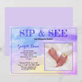 Neues Baby im Lila Foto "Sip and See" Einladung