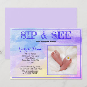 Neues Baby im Lila Foto "Sip and See" Einladung