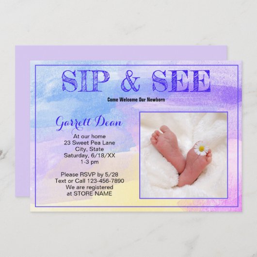 Neues Baby im Lila Foto "Sip and See" Einladung (Vorne/Hinten)