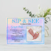 Neues Baby in Blue "Sip and See" Custom Foto Party Einladung (Stehend Vorderseite)