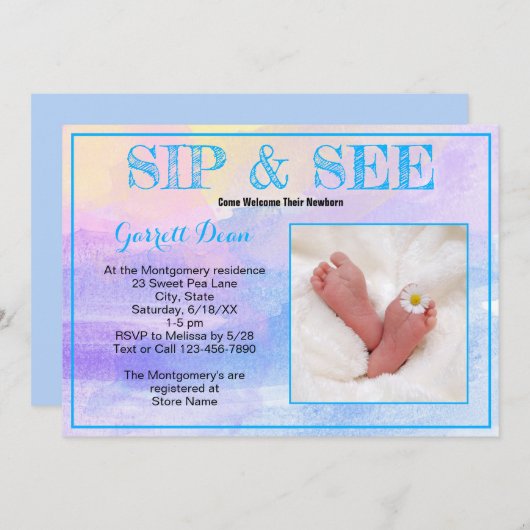 Neues Baby in Blue "Sip and See" Custom Foto Party Einladung (Vorne/Hinten)