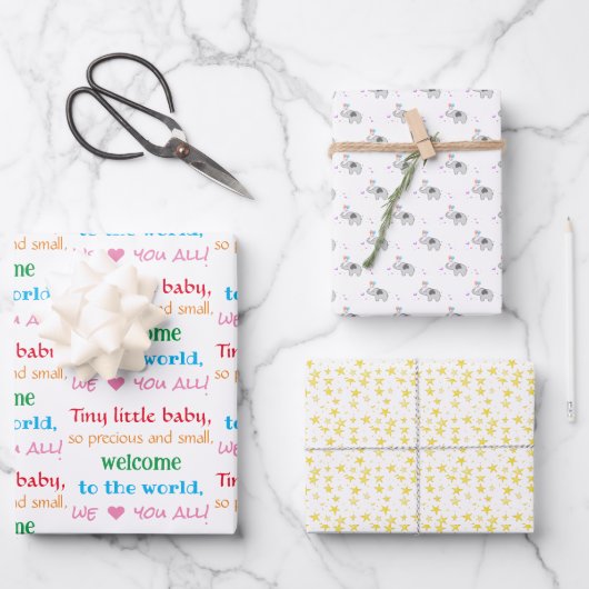 Neues Baby & Kleinkind, Willkommen, Sterne, Elefan Geschenkpapier Set (Vorderseite)