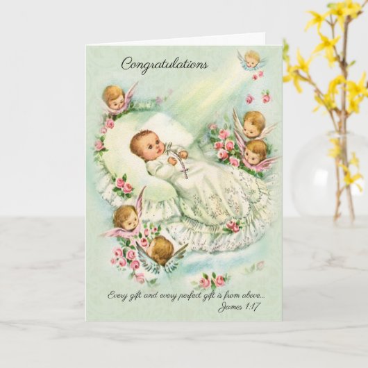 Neues Baby Mädchen mit Engeln, Kreuz, Rosa Rosen Karte (Gelbe Blume)