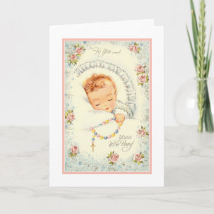 Neues Baby Mädchen  Rosa Rosen Rosenkranz Katholis Karte