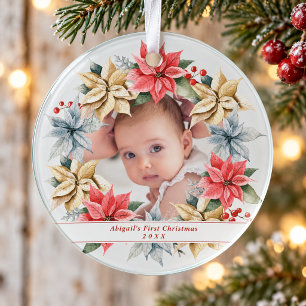 Neues Baby-Poinsettia-Foto zum ersten Weihnachten Ornament Aus Glas
